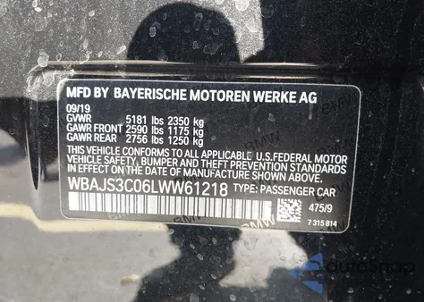 2020 BMW 540I xDrive from USA, damaged, VIN WBAJS3C06LWW61218